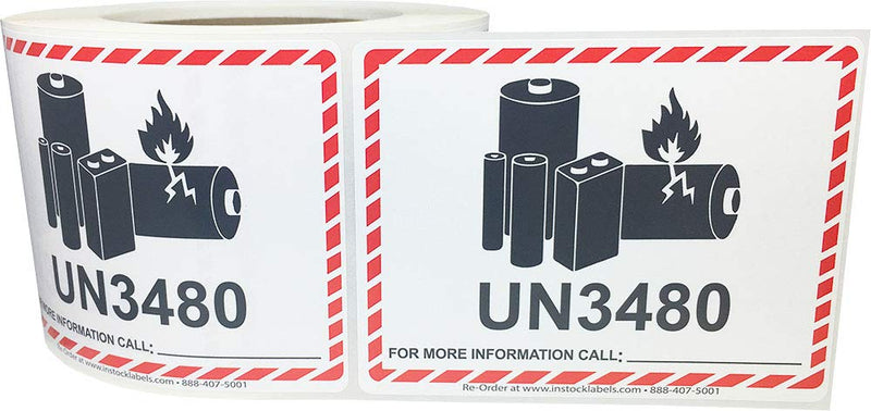 UN3480 Caution Lithium Battery Labels 3.25 x 4.25 Inch 500 Total Stickers for Smaller Packages Only