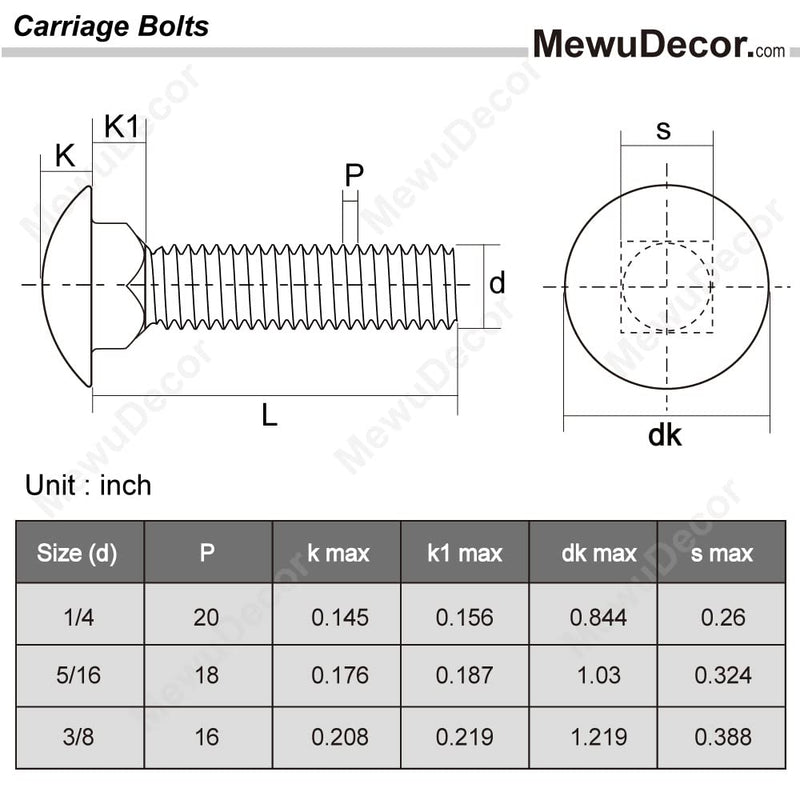 [Australia - AusPower] - 1/4-20 x 1-1/4" (1/2" to 6" Available) Carriage Bolts Screws, Stainless Steel 18-8 (304), Round Head, Square Neck, Fully Threaded, 25 PCS 1/4-20 x 1-1/4" 