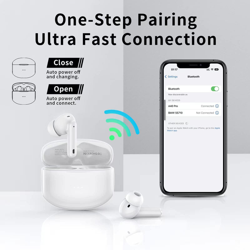 [Australia - AusPower] - A40 Pro Wireless Earbuds, 50Hrs Playtime Bluetooth Earbuds Built in Noise Cancellation Mic with Charging Case, Bluetooth Headphones with Stereo Sound, IPX7 Waterproof Ear Buds for iPhone 