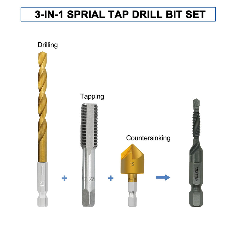 [Australia - AusPower] - Combination Drill and Tap Bit Set with Quick-Change Adapter of 13Pcs, 6 SAE Sizes: 6-32NC to 1/4-20NC, 6 Metric Sizes: M3 to M10,Suitable for Drilling Tapping Threading Countersinking 