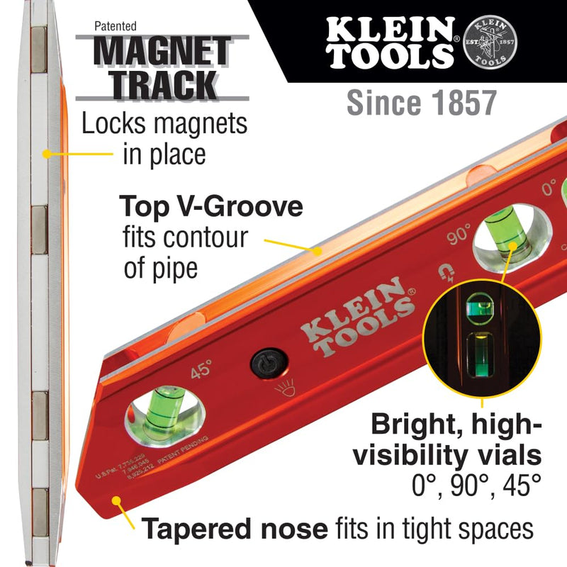 [Australia - AusPower] - Klein Tools 935RBLT 9-Inch Lighted Torpedo Level, 50900R Conduit Locknut Wrench Set with 1/2, 3/4 and 1-Inch Offset Bends, 3-Piece 