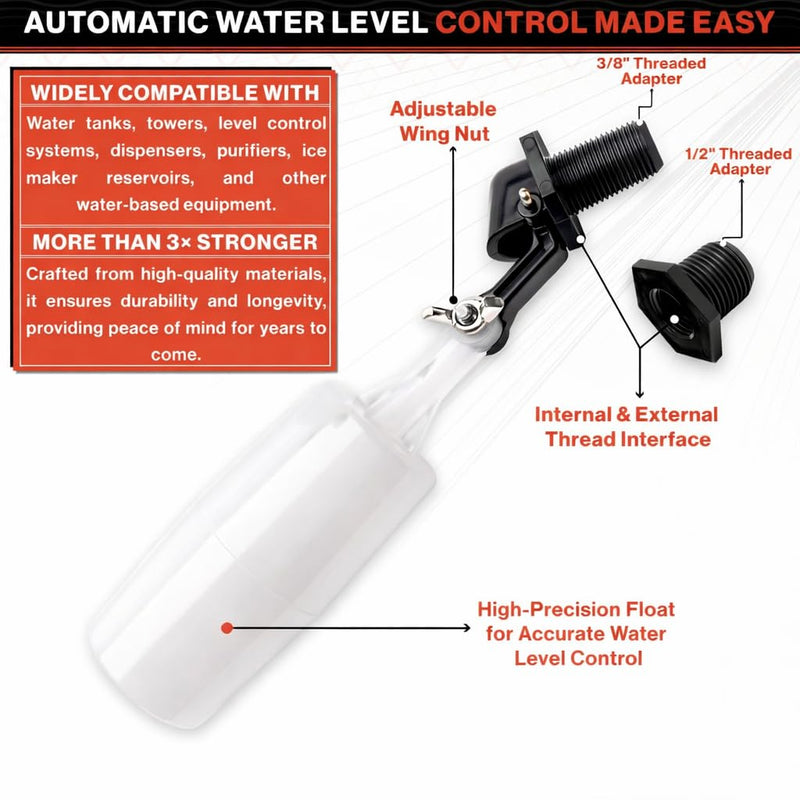 [Australia - AusPower] - Pool St 3/8" and 1/2" Pool Auto Fill Float Valve Replacement | Includes Adapter From 3/8 Inch to 1/2 Inch | Compatible with Most Water Float Valve For Water Tank and Pool Water Leveler Auto Fill 