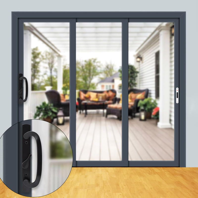 ALLYWASAI Patio Sliding Door Handle Set with Mortise Lock, Key Cylinder and Keeper, Replacement Handle Lock Set Fits Door Thickness from 1-1/2" to 2-1/4", 3-15/16" Screw Hole Spacing, Keyed, Black