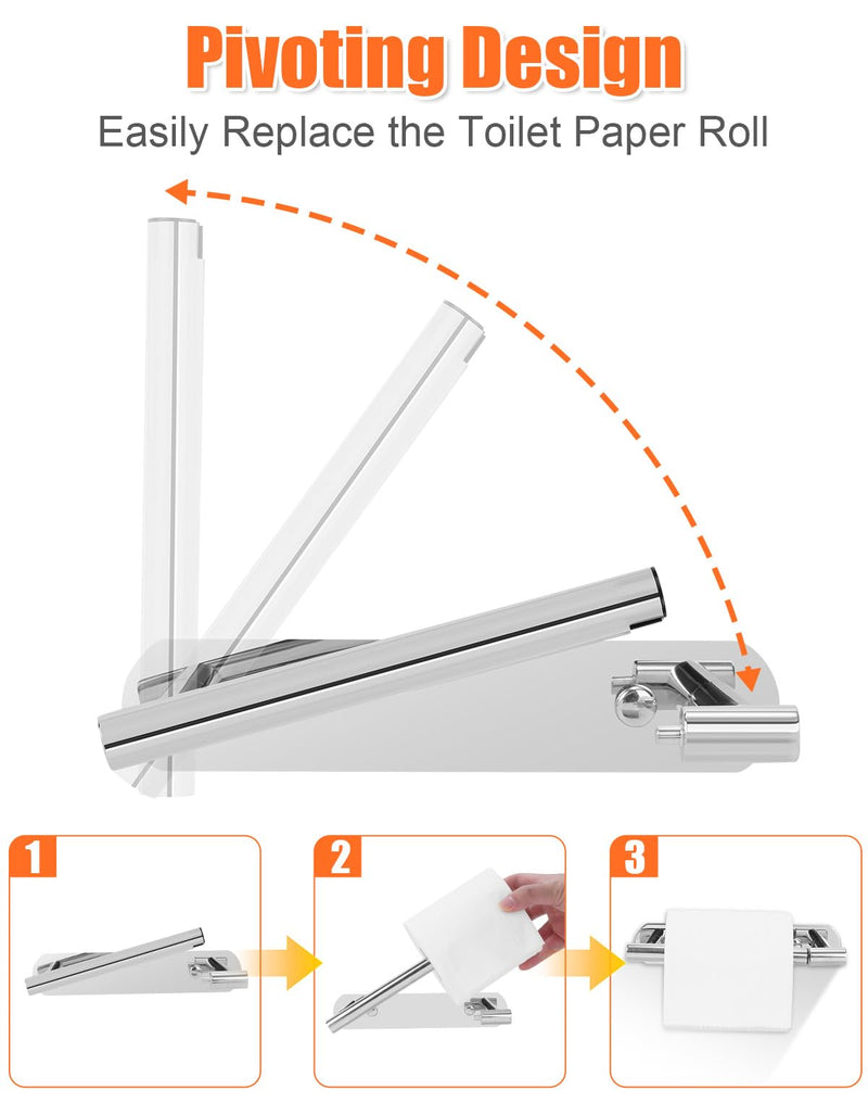 YUET Toilet Roll Holder, Self Adhesive or Screw In Wall Mounted Options, Double Post Pivoting Tissue Roll Holder, Stainless Steel Rustproof Stick On No Drilling Wall Mount for Bathroom Poilshed Chrome Chrome-pivoting