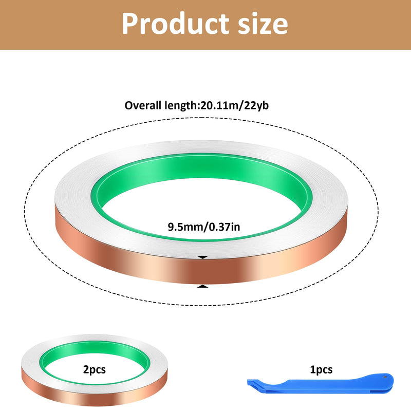 2 Pack Copper Foil Tape, (3/8inch X 22yards)Copper Foil Tape with Double-Sided Conductive Tapes Double-Sided Conductive with Adhesive for EMI Shielding,Stained Glass,Soldering,Electrical Repairs