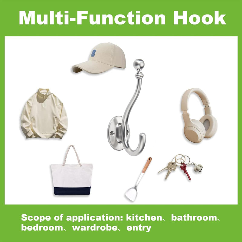 TUNNY Towel Hooks - 5 Pack Matte Nickel Brushed Coat Hook for Bathroom, Bedroom, Kitchen - Decorative Wall Hooks for Robe, Clothes, Cabinet, Closet - Bathroom Hardware