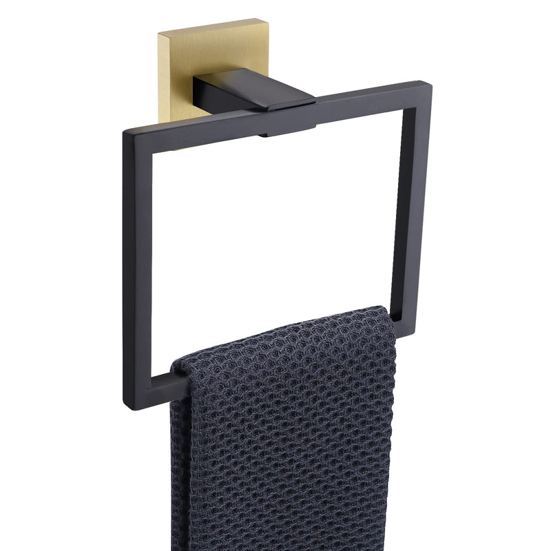 Black and Gold Towel Ring Modern Square Hand Towel Bar,Towel Holder for Bathroom,Wall Mount Stainless Steel Black Gold