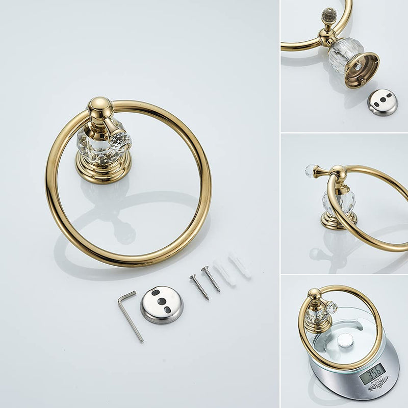 WOLIBEER Gold Towel Ring, Crystal Hand Towel Holder Polished Brass Bling Towel Bar Bathroom Accessories Wall Mounted
