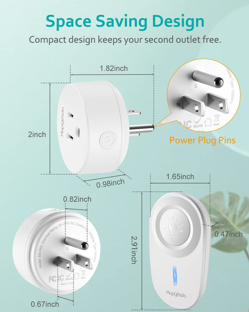 [2 Pack] HAPYTHDA Wireless Remote Control Outlet Plug, No Wiring Needed Remote Light Switches Kit, 500 Feet RF Range 275V/15A/1500W Electrical Remote Outlet for Light, Small Electrical Appliance Remote & Outlet White 2