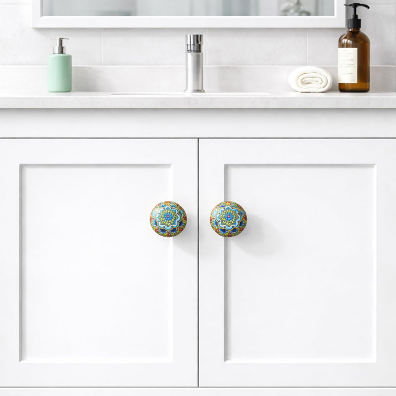 HUAMULAN 15 Pack Boheimian Retro Ceramic Knobs Vintage Dresser Button Shape Mushroom Boho Kitchen Petal Cabinet Pulls Cupboard Wardrobe Drawer Door Handles Glossy MZ936-6-15PCS