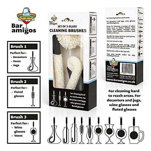 Bar Amigos Set of 3 - Decanter & Glassware Cleaning Brushes Glass For Cleaning Wine Champagne Glasses Babies Bottles Beer Steins Neck Goblets Reusable Water Sports Bottles Stainless Steel Bottles