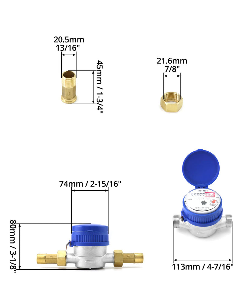 [Australia - AusPower] - QWORK Water Meter, 1/2" NPT 304 Stainless Steel Cold Water Flow Meter with Pulse Output, for Garden and Home Use, Includes 2 pcs 1/2"NPT Thread Adapter 