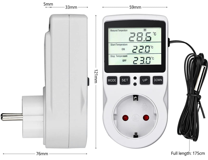 [Australia - AusPower] - Temperature Controller 230 V Digital Thermostat Socket Plug Thermostat with Sensor Timer Switch Temperature Socket Heating Cooling for Greenhouse Electric Blanket Water Tank 