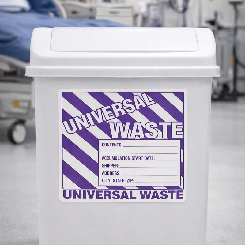 Universal Waste Labels, 6 x 6 inches, Purple/White, Self-Adhesive Vinyl, Pack of 25