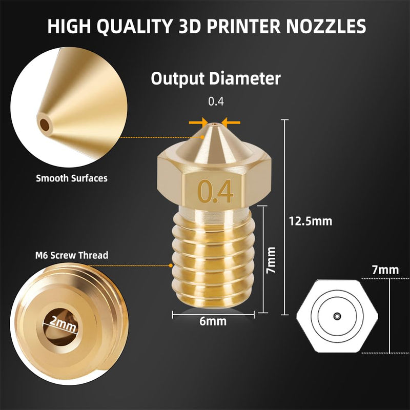 [Australia - AusPower] - 20Pcs 3D Printer V6 Nozzles 0.4mm M6 Brass Nozzle Extruder Print Head Compatible for E3D V5 V6 1.75mm Filament 3D Printer I3 Mega Prusa I3 MK3/MK3S, and Nozzle Cleaning Needles 0.4mm, 