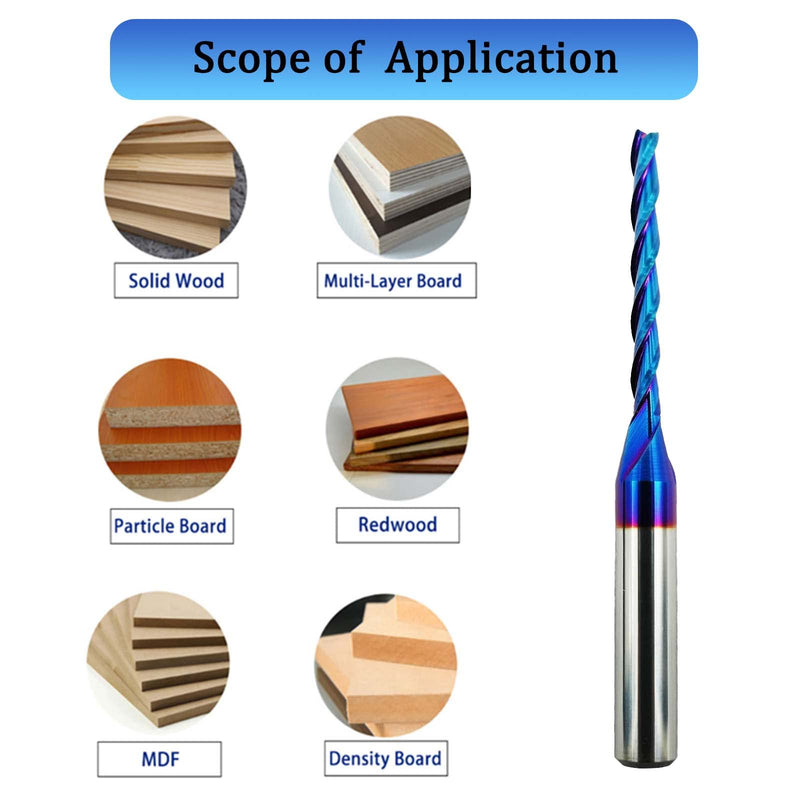 2 PCS CNC Router Bit 3 Flutes 1/8 inch Cutting Dia 1/4 inch Shank Extra Long Spiral CNC Router Bits Solid Carbide End Mill with NACO Coating for Wood Cut Carving 2