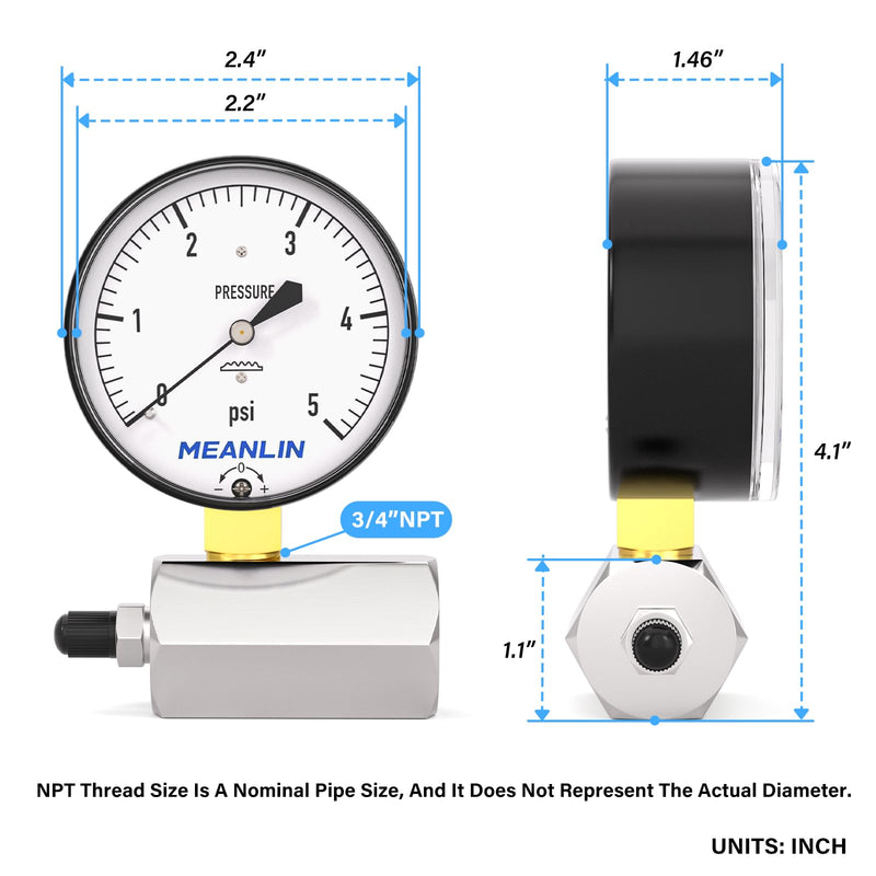 [Australia - AusPower] - MEANLIN MEASURE 0-5Psi Diaphragm Type Capsule Low Pressure Gauge with 3/4" FNPT Connection Valve, 2-1/2" FACE DIAL Adjustable Air Test Pressure Gauge Chrome Body 