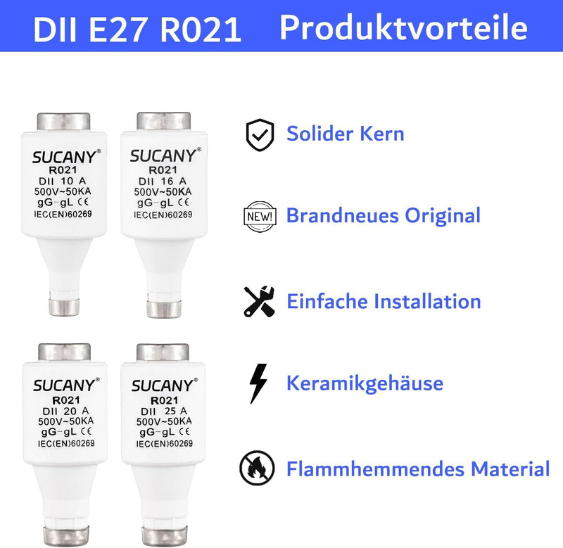 R021 DII E27 Ceramic Fuse Inserts, 10A, 500V, 50kA, gG (Pack of 10) | Diazed Fuse Inserts, 10 Amp Spiral Fuse, for Electrical Appliances in the Home and Industry