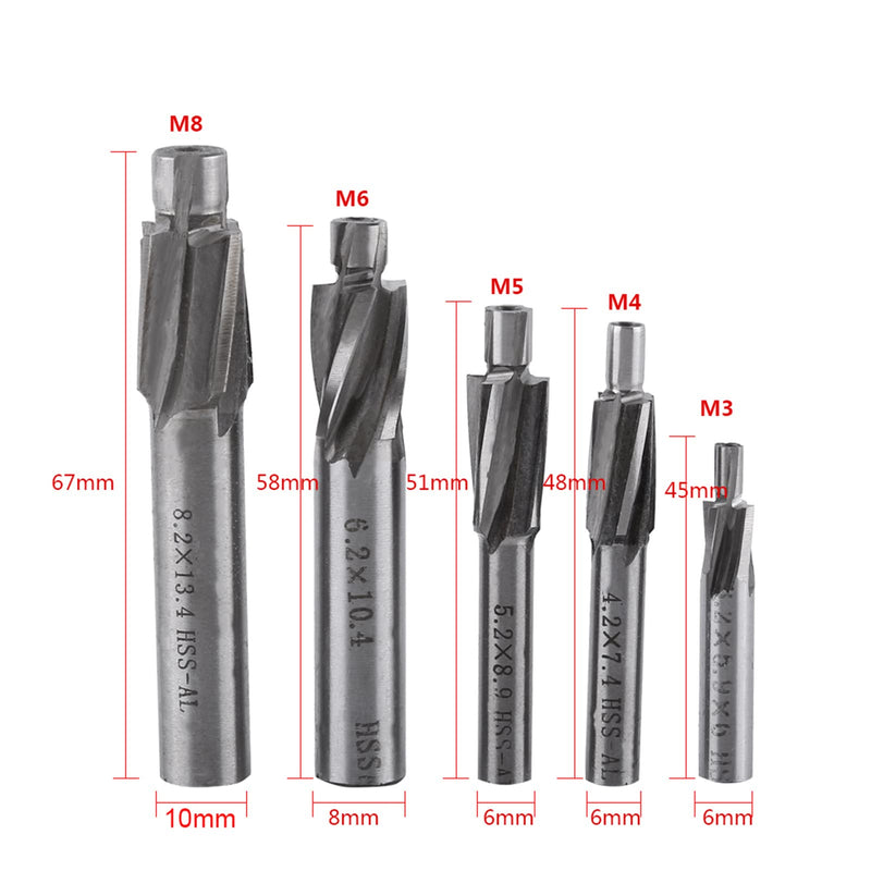 [Australia - AusPower] - 5 Pieces Countersink End Mills, HSS-AL M3 M4 M5 M6 M8 4 Tap Countersink End Mill Slot Drill for Milling Copper, Aluminium, Steel, Cast Iron 