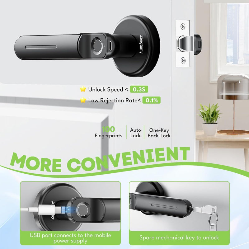Keyless Entry Door Lock with Fingerprint/Key-Smart Door Lock for Home, Hotel, Office, Apartment-Black black 02