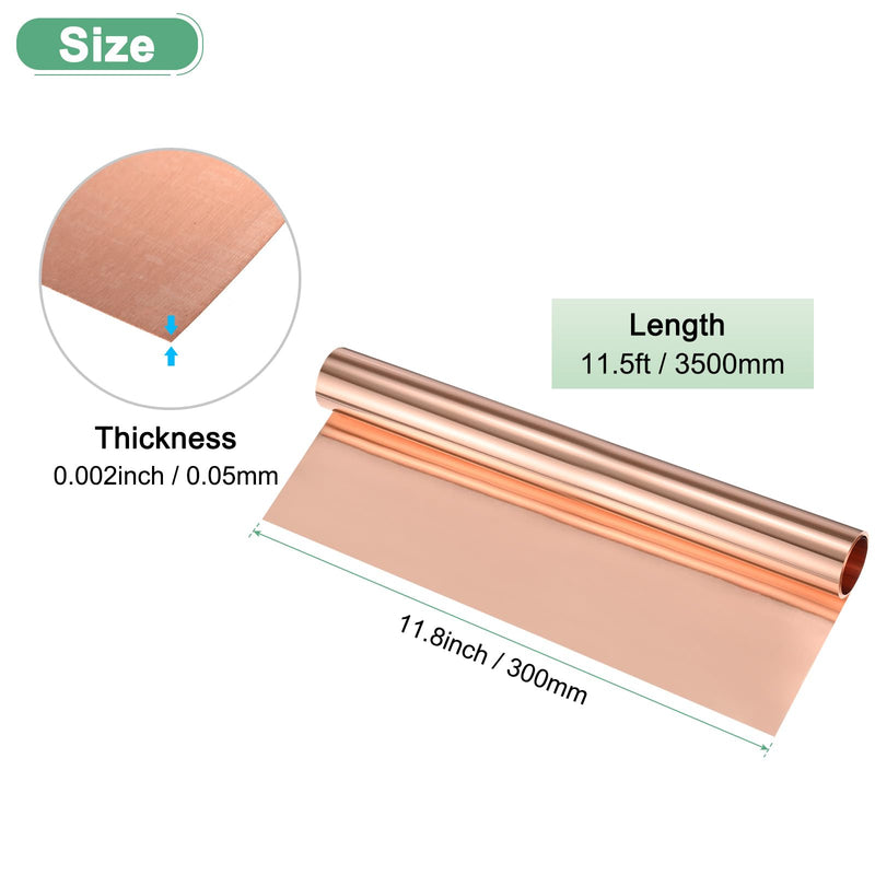 M METERXITY Thin Copper Sheet Roll, 3500mm x 300mm x 0.05mm / 11.5ft x 11.8" x 0.002" (LxWxT) Soft Pure Copper Foil Sheets, Metal Flashing Strip Plate for Crafts/Electricity/DIY Projects 1