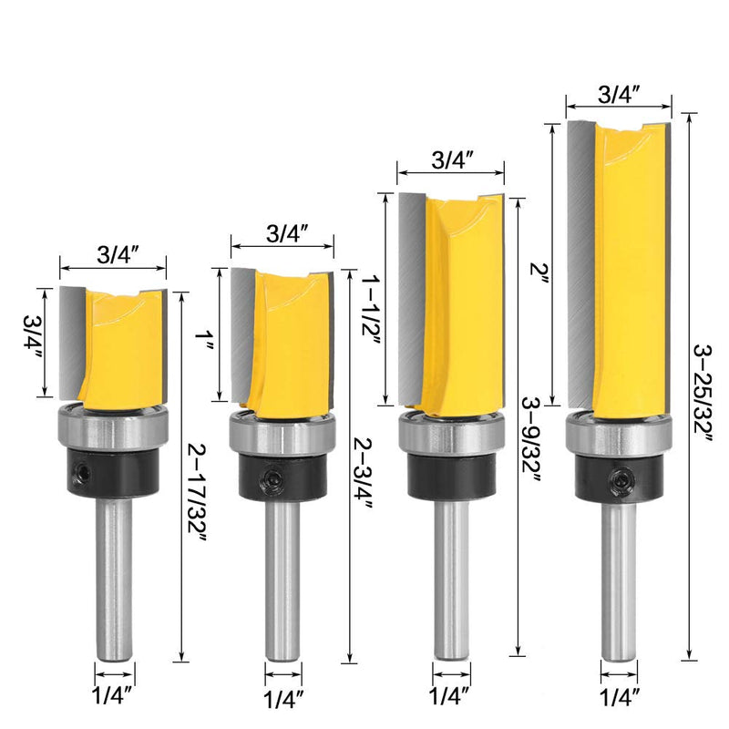 4Pcs Pattern Flush Trim Router Bit Set 1/4 inch Shank Template Router Bits 3/4 inch Cutting Dia Woodworking Router Tool by CHoiKWong (3/4 inch Cutting Diameter, Yellow) 3/4 inch Cutting Diameter