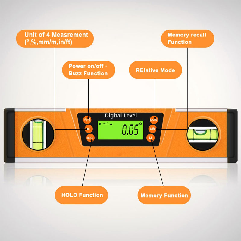 [Australia - AusPower] - Digital Level and Protractor, 10 Inch IP54 Protected Electronic Bubble Inclinometer Angle Finder Gauge with Large LED Backlight Display & Magnetized V-Groove Base Carrying Bag Included (orange) 