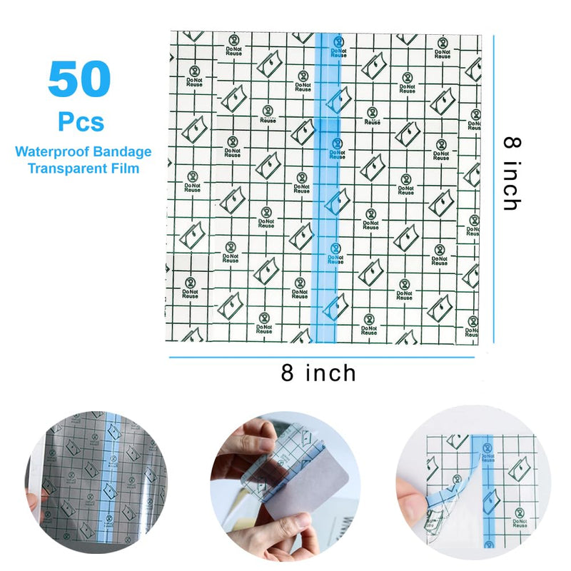 OBTANIM 50 Sheet Transparent Waterproof Stretch Adhesive Bandage Clear Film Dressing Bandages Tape Cover for Tattoo Shower Swimming Protector (8 x 8 Inch) 8 x 8 Inch, 50 PCS