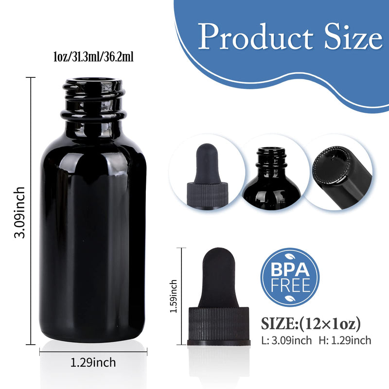 [Australia - AusPower] - 1 oz UV Resistant Dropper Bottle 12 Pack Black Glass Boston Bottles 30ml with Eye Droppers Black Caps for Essential Oils, Perfume, Leak Proof Travel Bottles for Liquids UV Black 1oz,12pcs 