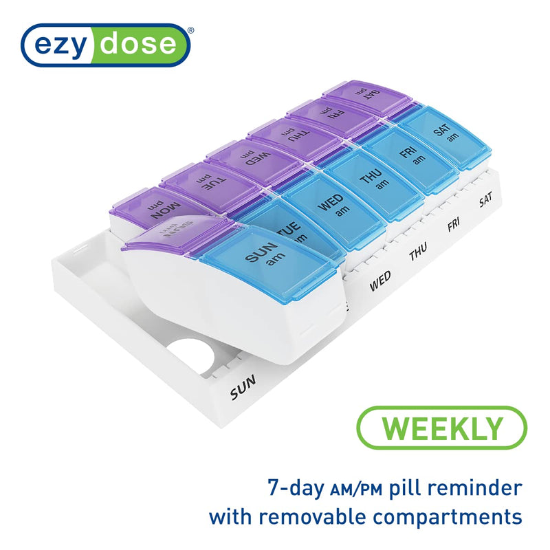 [Australia - AusPower] - EZY DOSE Weekly (7-Day) AM/PM Pill Case, Medicine Planner, Vitamin Organizer Box, Small Pop-out Compartments, 2 Times a Day, Blue and Purple Lids, BPA Free 1 Count (Pack of 1) 