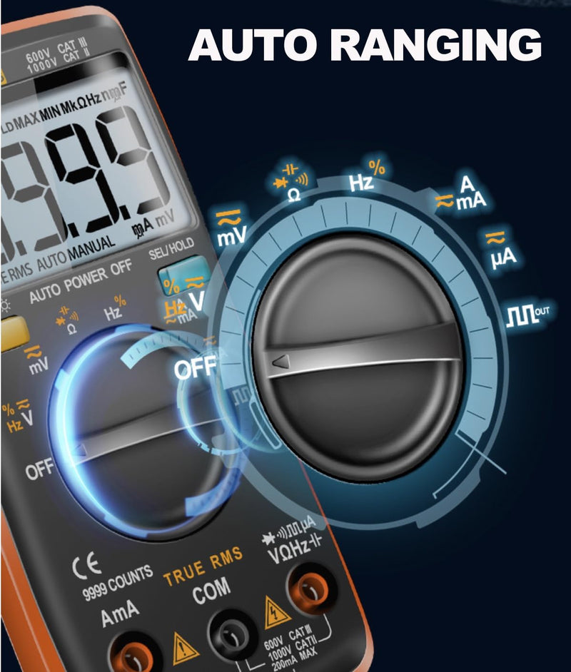 [Australia - AusPower] - AN8008 Digital Multimeter, Auto Ranging AC DC Voltage Tester, Volt Ohm Amp Meter, Continuity Diode Resistance Capacitance Tester, True-RMS, 9999 Counts 