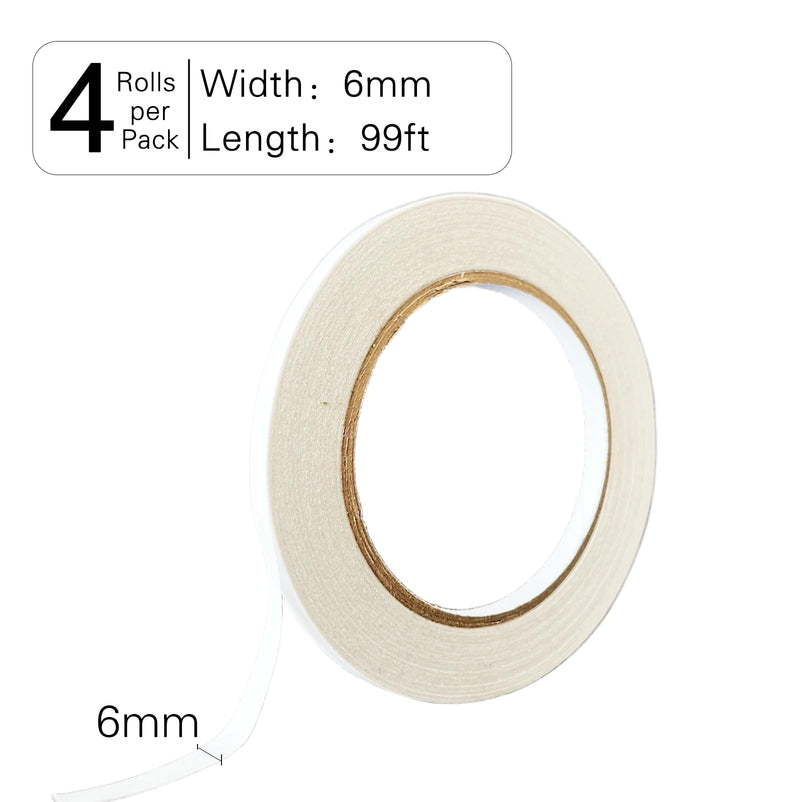 6mm Double Sided Tape White 4 Rolls (Total Length 133 Yards), 1/4 Inch Strong Adhesive Sticky Wrap Tape for Crafts Gift Wrapping Paper Card Making Home Office School Stationery 6mm (1/4inch)-4Pcs