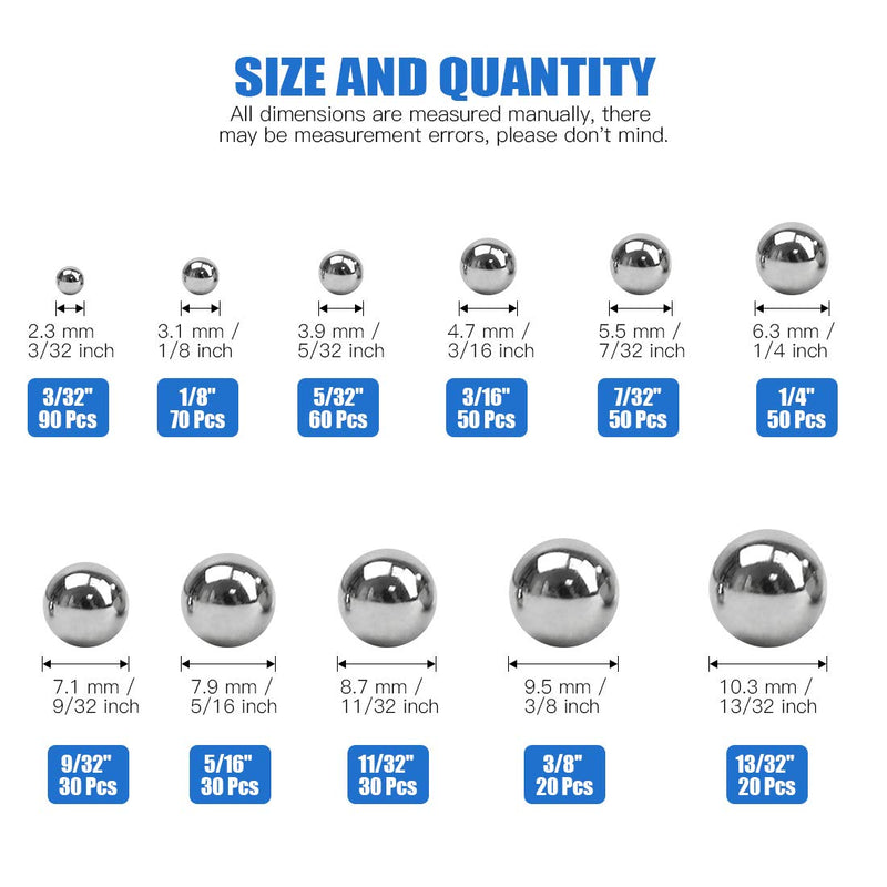 [Australia - AusPower] - Glarks 500Pcs 11 Size 3/32''-13/32'' SAE Precision Chrome Steel Assorted Loose Bicycle Bearing Ball Assortment Kit (SAE) 