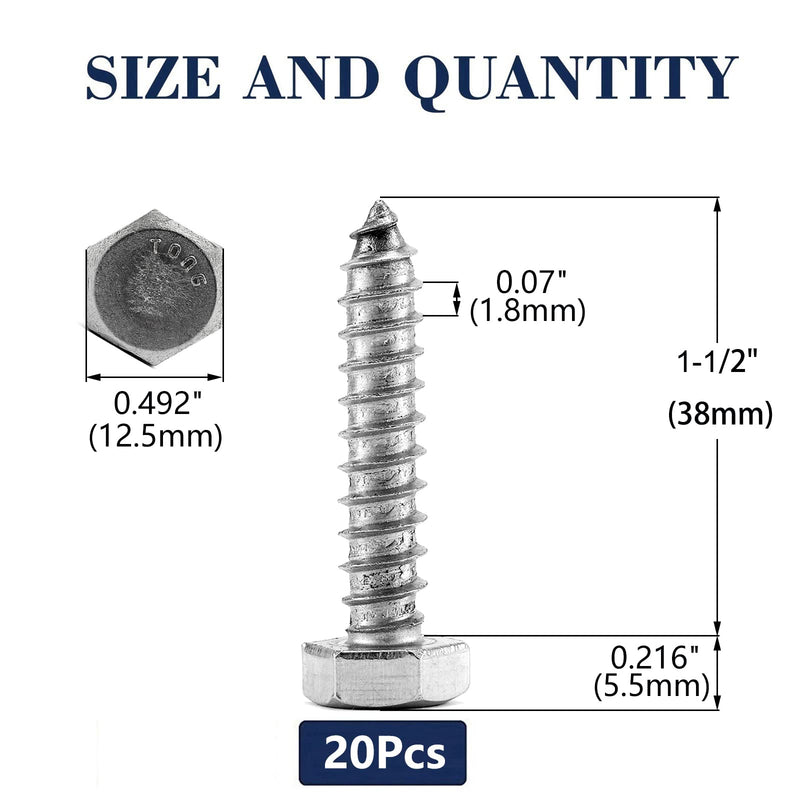 [Australia - AusPower] - 5/16" x 1-1/2" Hex Head Lag Screws Bolts 20Pcs 304 Stainless Steel 18-8, Partial Thread, Hexagon Head Wood Screws by SG TZH 20 5/16-18 x 1-1/2" 
