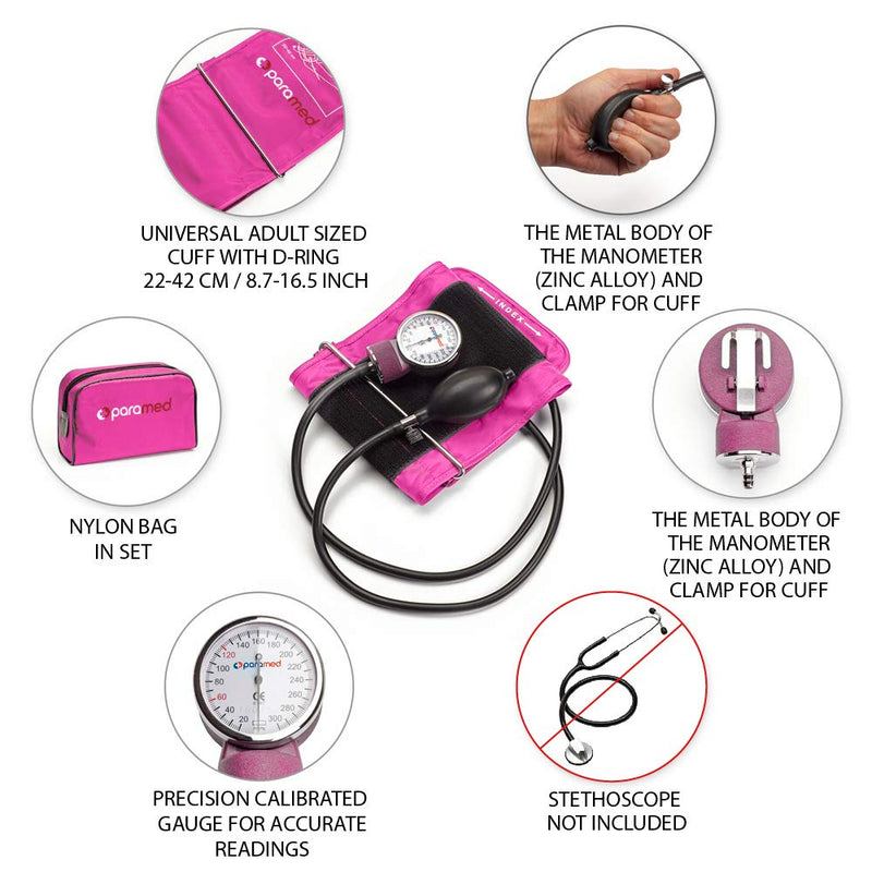[Australia - AusPower] - PARAMED Aneroid Sphygmomanometer – Manual Blood Pressure Cuff with Universal Cuff 8.7-16.5" and D-Ring – Carrying Case in The kit – Pink – Stethoscope Not Included 
