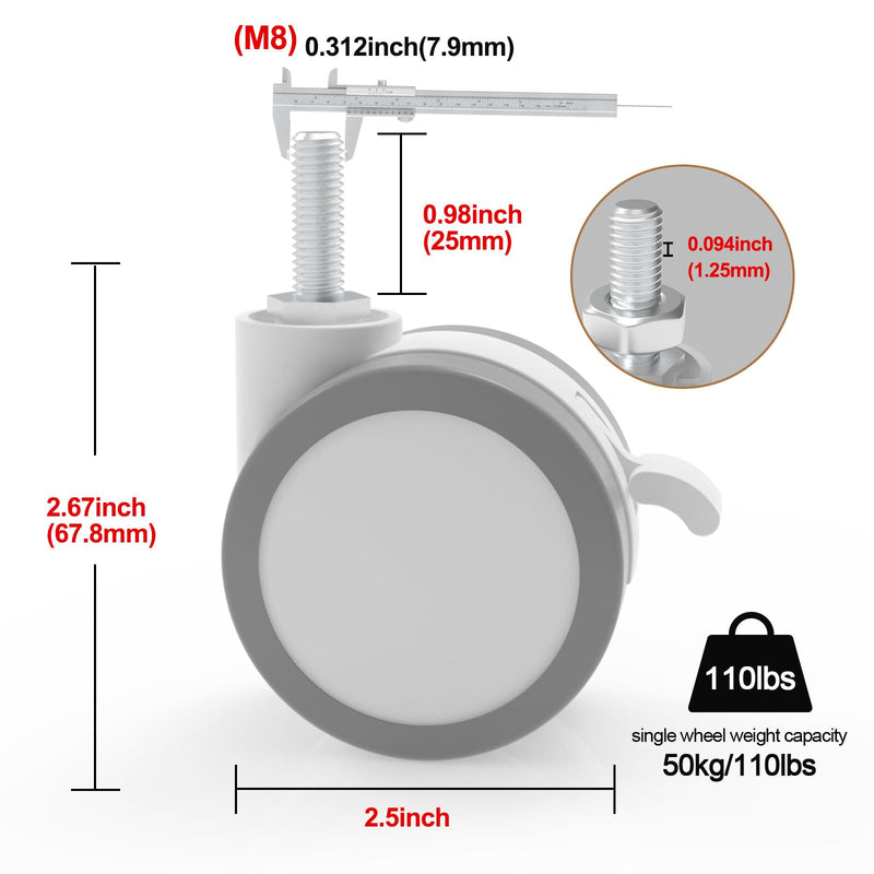 [Australia - AusPower] - JOY worker Lockable Stem Caster Wheels Set of 4, Metric M8 Nylon Threaded Swivel Caster, 2.5 Inch Stem Casters Replacement for Standing Desk & Mobile Desk, Each Load Capacity 110lbs, White 