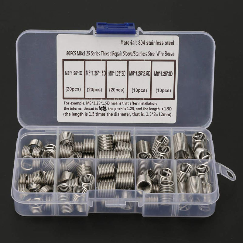 [Australia - AusPower] - 80Pcs M8x1.25 Threaded Inserts, Stainless Steel Thread Drill Repair Insert Sleeve with Storage Box 