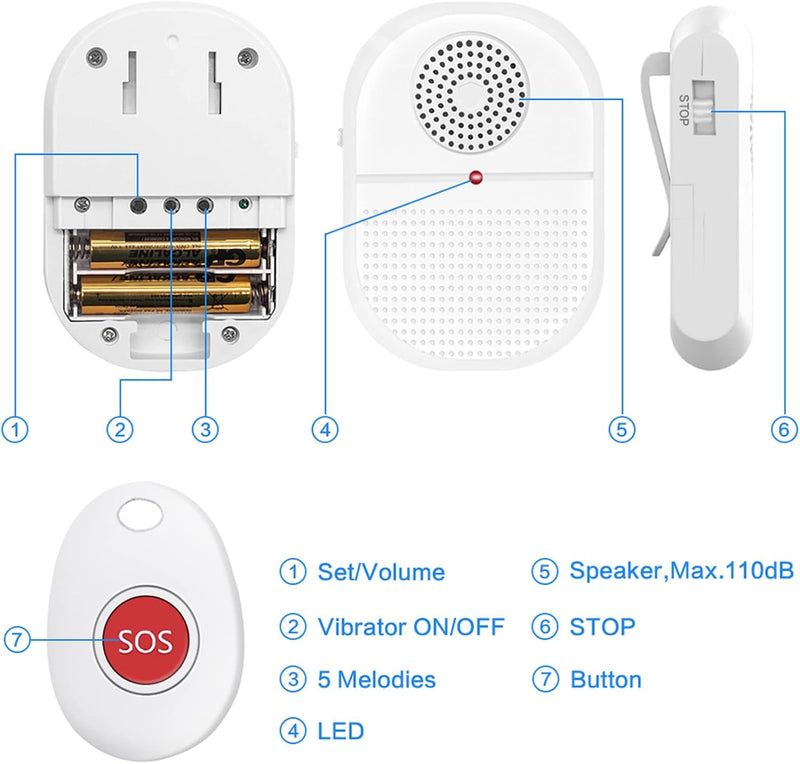 [Australia - AusPower] - Wireless Caregiver Pager Nurse Alert System Smart Call Button for Home/Elderly/Patient Vibration Pager (Include Belt Clip) with 52 Melodies (1 Receiver + 1 Call Button) 