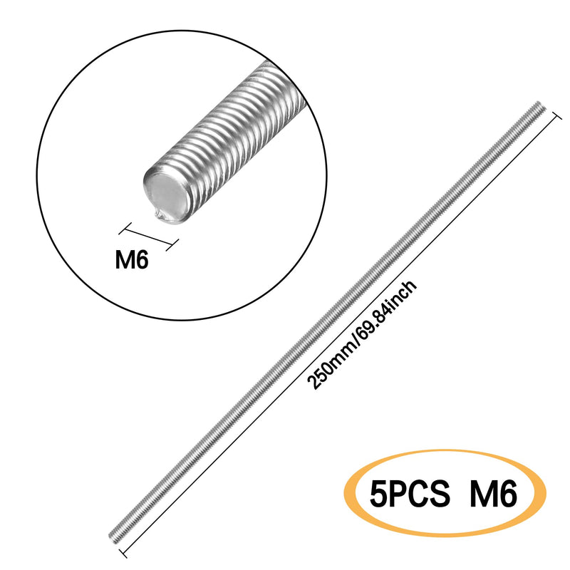 [Australia - AusPower] - Pack of 5?304 Stainless Steel M6-1.0 Fully All Threaded Rod, Long Threaded Screw, Right Hand Threads, 250mm Length 