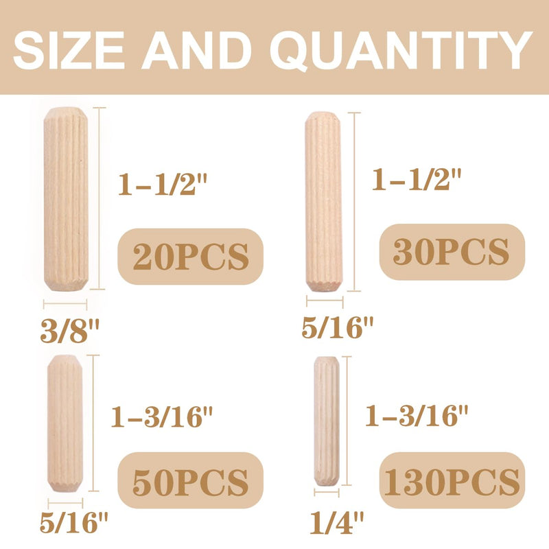 [Australia - AusPower] - smseace 230Pcs Wooden Dowel Pins 1/4" 5/16" 3/8", Fluted Wood Dowels Rods for Crafts, Furniture, DIY Manual 