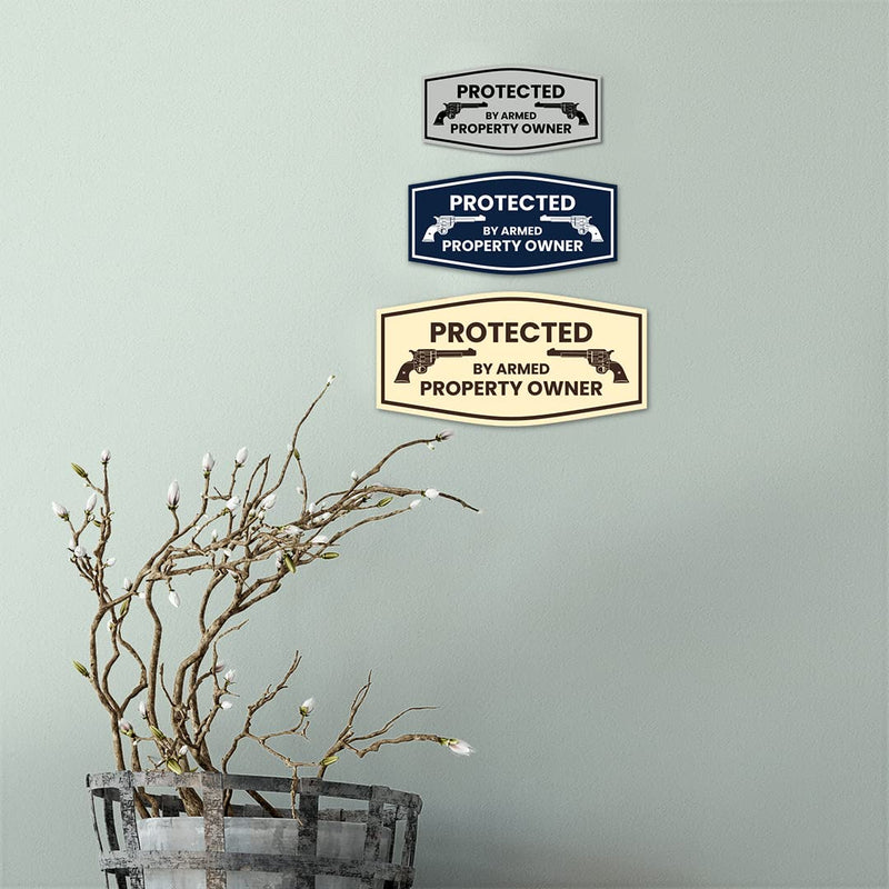 Fancy Protected by Armed Property Owner .45 Sign (Brushed Gold) - Large 2 Pack 4.5 x 9" - Large (2 Pack) Brushed Gold
