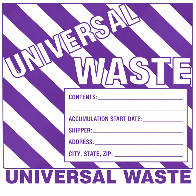 Universal Waste Labels, 6 x 6 inches, Purple/White, Self-Adhesive Vinyl, Pack of 25