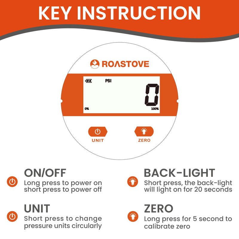 [Australia - AusPower] - Roastove 2-1/2" dial Digital Industrial Pressure Gauge with 1/4" NPT Lower Mount, Stainless Steel case and Connection, 0-1000psi/bar, 1% accurancy,Battery Powered, with LED Light 2-1/2",0-1000PSI 
