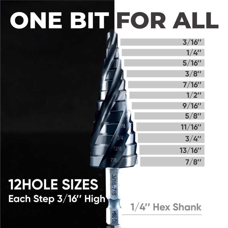 [Australia - AusPower] - toolant Four Spiral Flute Cobalt Step Drill Bit(Pro), 3/16" - 7/8"(12 Step Size) Impact Ready Unibit Step Drill Bit, 1/4" Hex Shank Step Bit for Metal, Stainless Steel, Aluminum, Plastic 3/16" - 7/8" 