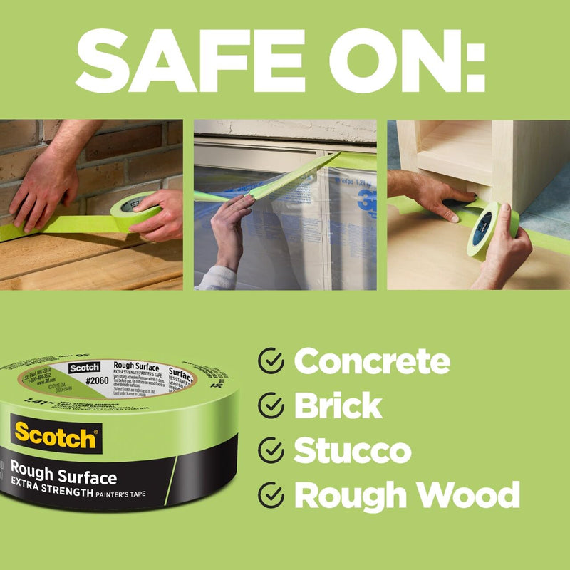 Scotch Rough Surface Painter's Tape 2060-24AR-BK, 0.94 in x 60.1 yd (24mm x 55m), Green, 3 Rolls, Clean Removal, No Residue, Textured & Hard-to-Stick Surfaces 3 Pack