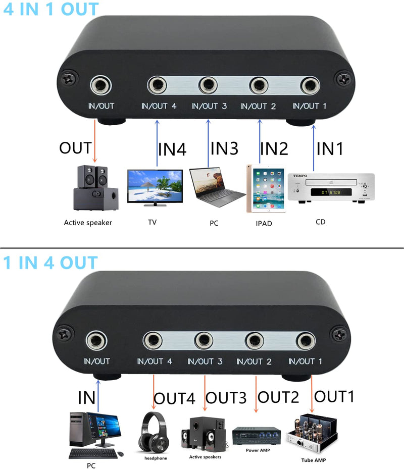 [Australia - AusPower] - 4-Way 3.5mm Stereo Audio Switch Input Signal Source Switcher Selector Splitter Box with line Volume Controller (4 in 1 Out / 1 in 4 Out) -MC41 4-port 3.5mm Switch with volume 