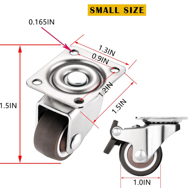 [Australia - AusPower] - Small Caster Wheels 1 Inch, Low Profile 360 Degree Swivel Casters Set of 4, Little Rubber Base Rolling Plate Caster Wheels for Small Furniture(2 with Brakes & 2 Without),No Noise 
