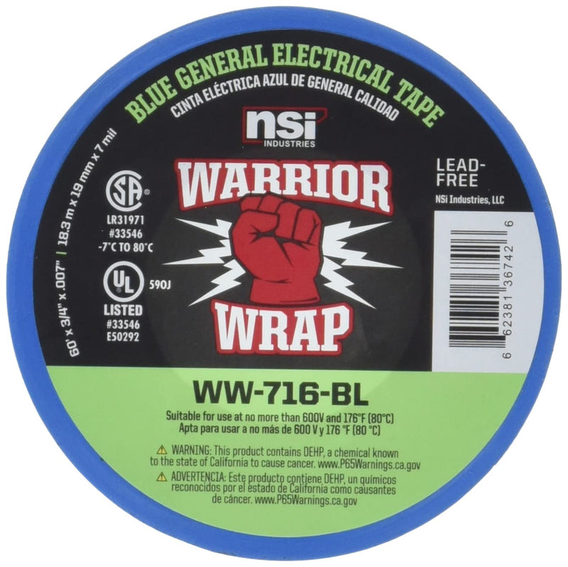 WarriorWrap General 3/4 in. x 60 ft. 7 mil Vinyl Electrical Tape, Blue