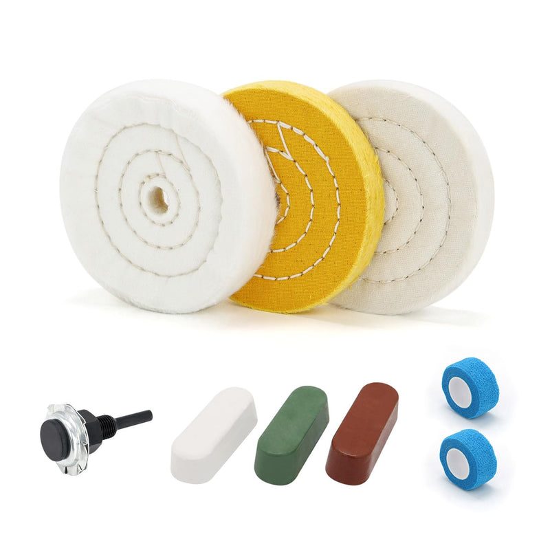 SCOTTCHEN 4inch Buffing Polishing Wheel with 1/4" Shank for Drill, 1/2" Arbor Hole,Soft/Fine/Medium -3pcs,with Buffing Polishing Cutting Compounds 7.4 Oz.Kit,with 2 Pack Non-Woven Bandage Multi 9pcs 4 inch