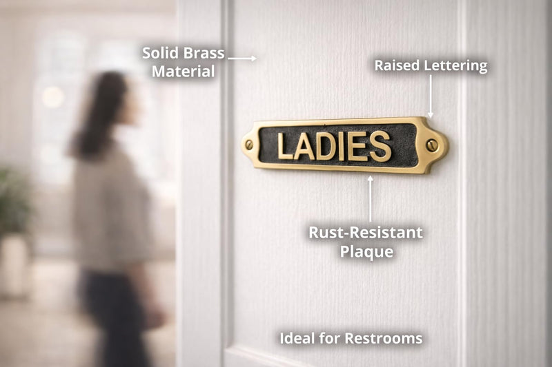 LADIES Brass with Black Door Plaque Sign | Metal Toilet Washroom Door Sign with Engraved Lettering | Wall & Door Name Plate with Mounting Screws for Home Office Shop | 22 x 5 cm | LADIES